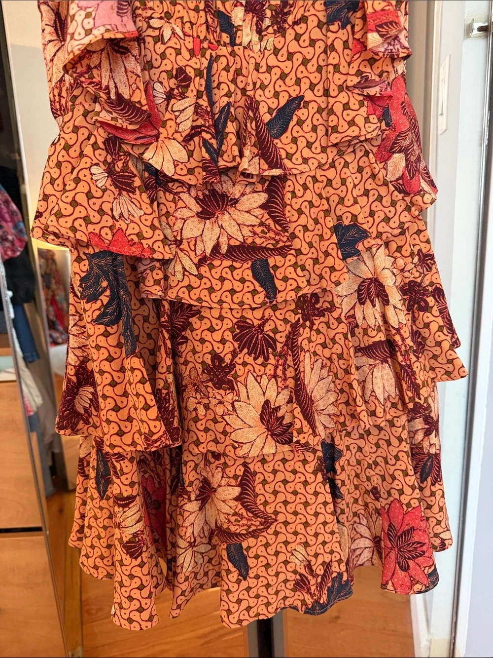 Ulla Johnson Orange Floral Mini Dress with Red & Black Accents